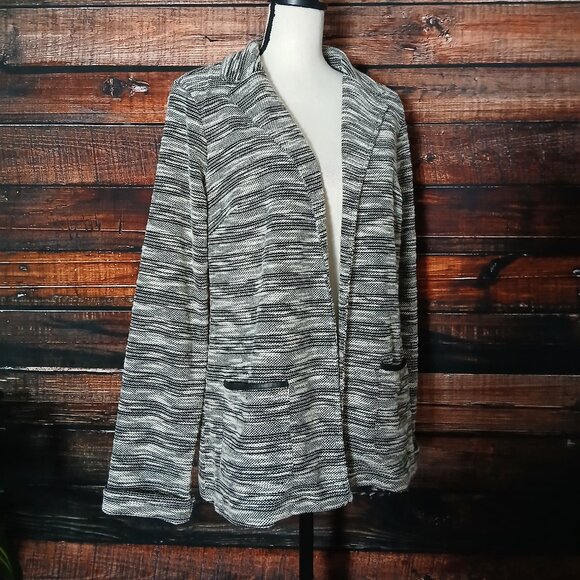 Christopher & Banks Knit Jacket Blazer M White Black Marled Open Front Pockets - Picture 3 of 9